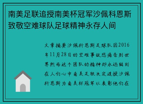 南美足联追授南美杯冠军沙佩科恩斯致敬空难球队足球精神永存人间 南美足联追授南美杯冠军沙佩科恩斯致敬空难球队足球精神永存人间