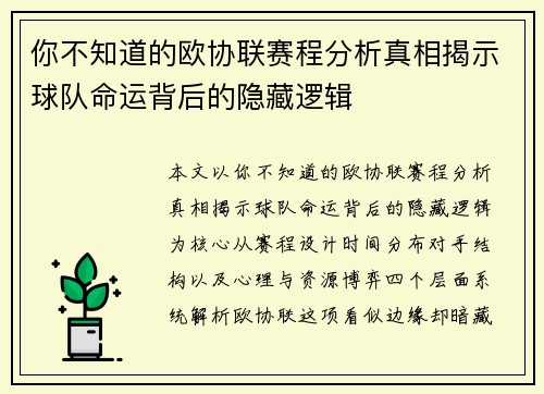 你不知道的欧协联赛程分析真相揭示球队命运背后的隐藏逻辑 你不知道的欧协联赛程分析真相揭示球队命运背后的隐藏逻辑